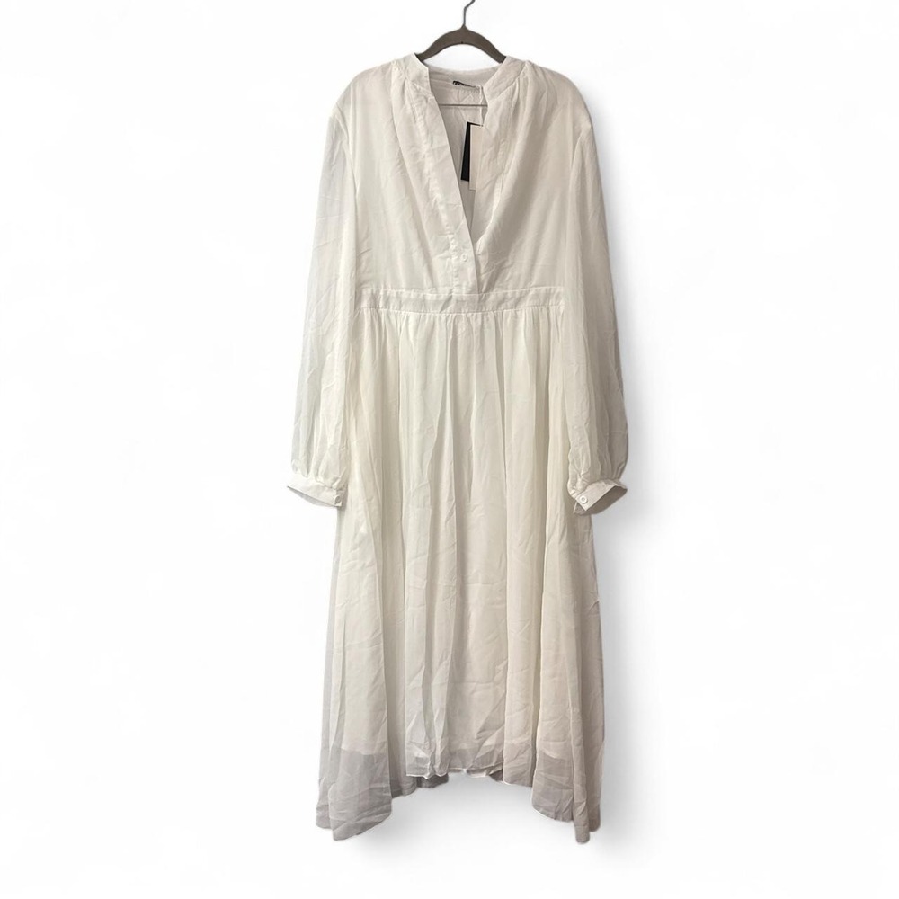 UOOZEE Women's White Midi Dress with Long Sheer Sleeves